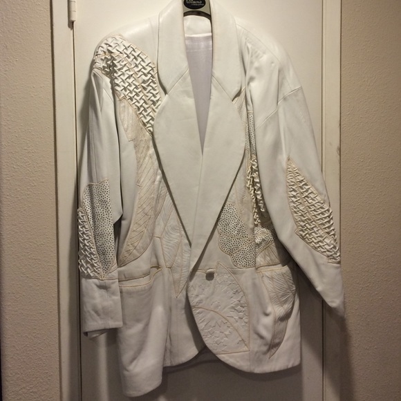 White Genuine Leather Unique Patterned Jacket - Picture 5 of 7